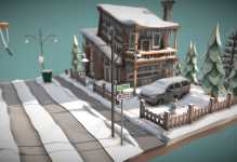 C4D卡通冬天雪景小屋场景模型