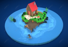 卡通C4D我的世界海岛房子划水场景模型