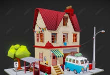 C4D模型-红色卡通房屋别墅旅行汽车模型