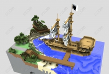 C4D模型-我的世界积木马赛克停靠在码头的海