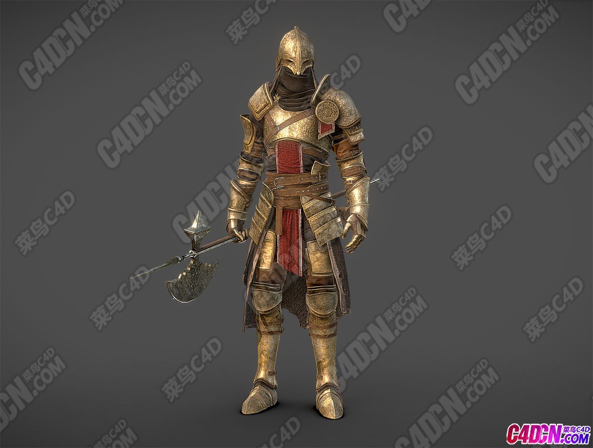 黄金盔甲战斧骑士古代将军人物模型下载 Golden Knight