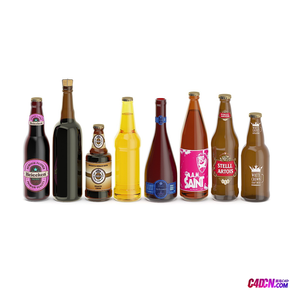 8瓶C4D啤酒饮料汽水酒瓶模型
