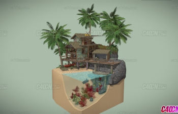 C4D惬意热带海洋小刀竹林别墅度假屋模型