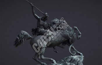C4D手持长矛骑马和狮子搏斗的女战士雕塑模型