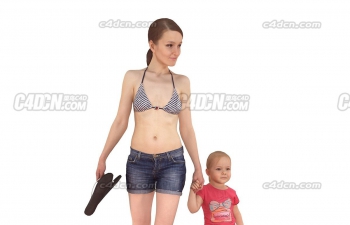 C4D沙滩女孩和小孩牵手人物模型 Mom And Baby model