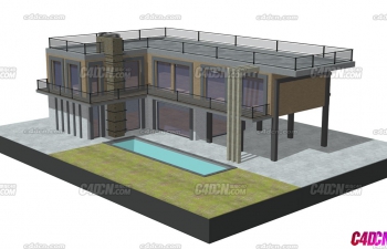带游泳池的现代豪华别墅建筑模型 Modern luxury villa house