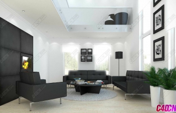 C4D模型 简约室内设计客厅黑色家具沙发橱柜