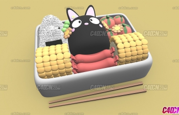 Blender格式卡通龙猫玉米香肠米饭便当午餐模型下载