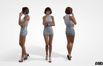 C4D模型 穿短裙抽烟的短发美女女性模型