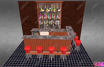 C4D酒吧吧台饮料冰箱高脚凳酒水模型