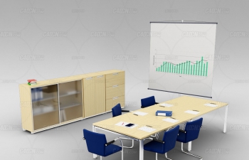 C4D多人位现代公司办公室会议桌储物柜幕布模型