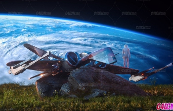 C4D+OCTANE超科幻草坪石头上坠落的宇宙飞船和宇航员眺望地球写实渲染教程