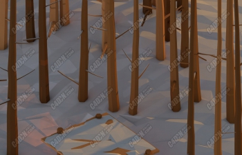 C4D低面模卡通风格黄昏夜晚林中小屋油画材质场景工程模型