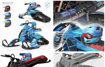 C4D履带式蓝色雪地摩托车头盔模型